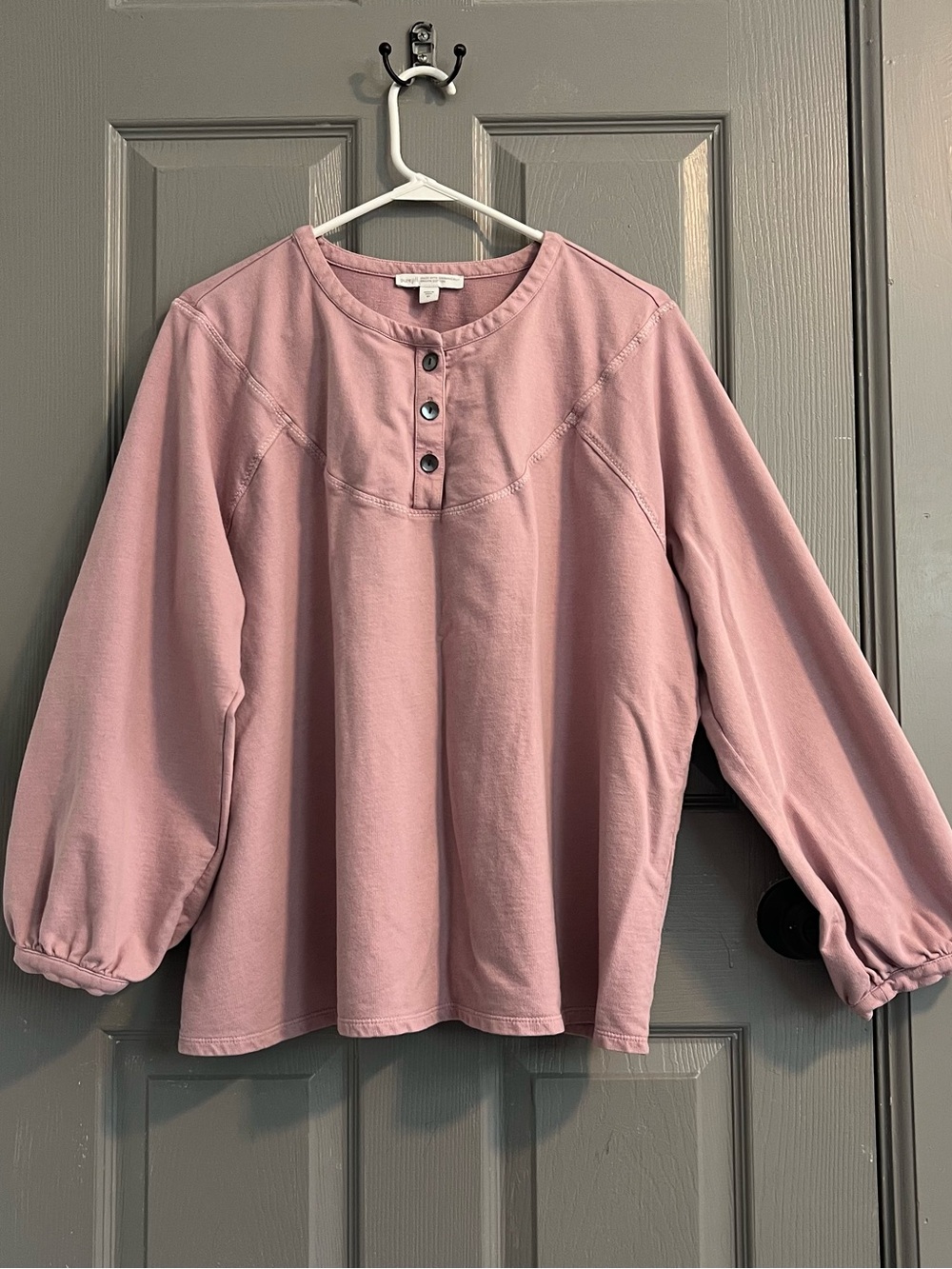 Pure Jill Button-Placket Pullover Sweatshirt Blouse Top Dusty Rose Mauve Organic